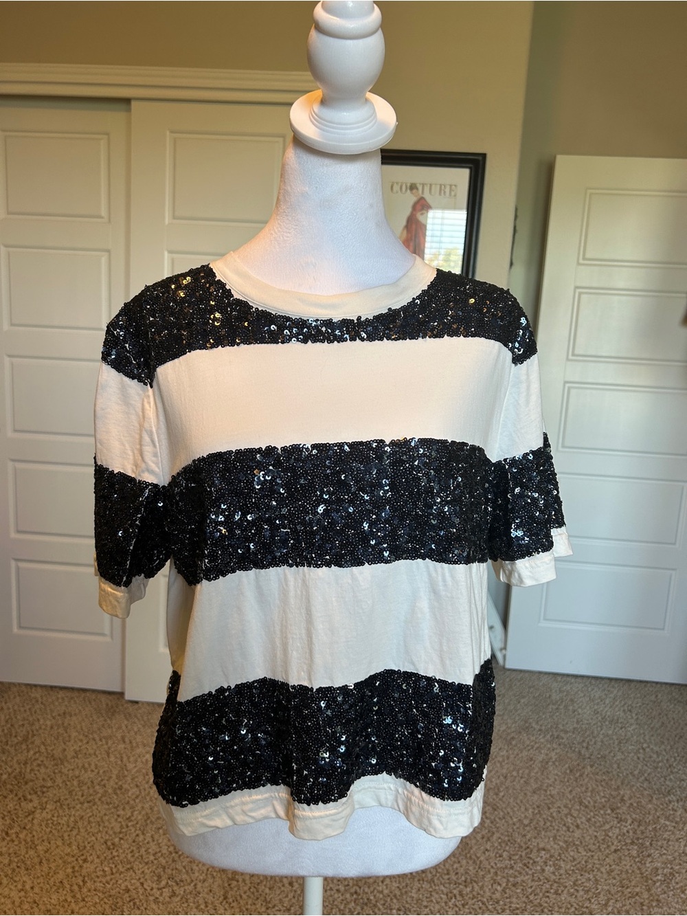 J CREW Short Sleeve T-Shirt with Black Sequins and White Stripes Women’s Size M